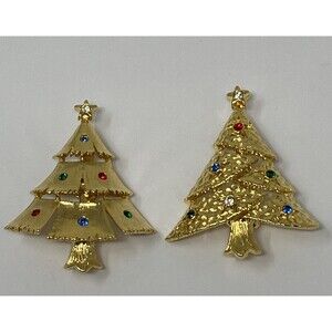 Vintage Rhinestone Christmas Tree Brooch Lot of 2 JJ Jonette and Unbranded